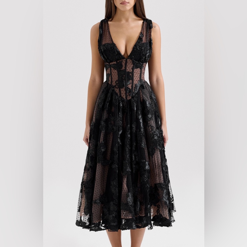 HOUSE OF CB Sianna Embroidered Tulle Corset Midi Dress